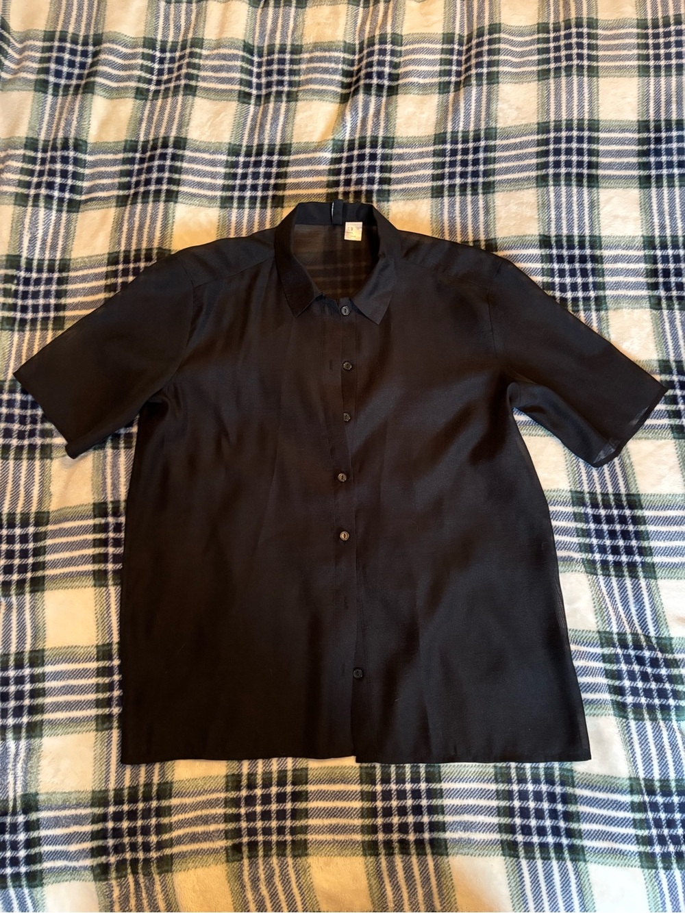 Black Short-Sleeve Sheer Button-Up Shirt
